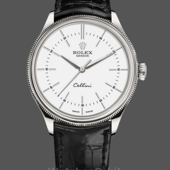 Replica Rolex Cellini Time 39mm Heren-50509-Zwarte lederen band-Witte wijzerplaat Wit