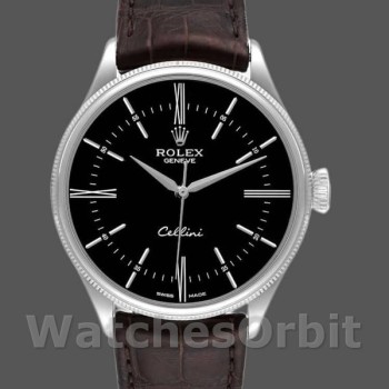 Replica Rolex Cellini Time 39mm Heren-50509-Bruin Lederen Band-Zwarte Wijzerplaat Zwart
