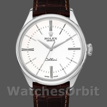 Replica Rolex Cellini Time 39mm Heren-50509-Bruin Leren Band-Witte Wijzerplaat Wit