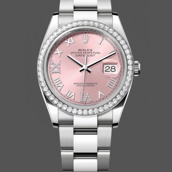 Replica Dames Rolex Datejust 36-126284RBR 0024, Roze Romeinse Wijzerplaat, Diamant, Romeinse Cijferige Uurmarkeringen in Roze Wijzerplaat