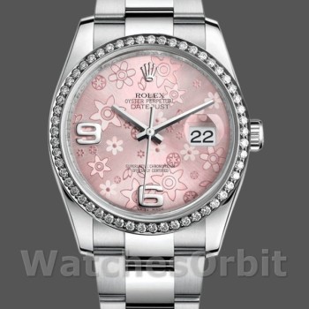 Replica Rolex Datejust 36mm voor dames-116244-roestvrij staal-roze gebloemde wijzerplaat