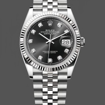 Replica Unisex's Rolex Datejust 36mm Unisex-126234 Geribbelde lunette-Zwarte Diamanten Wijzerplaat Zwart