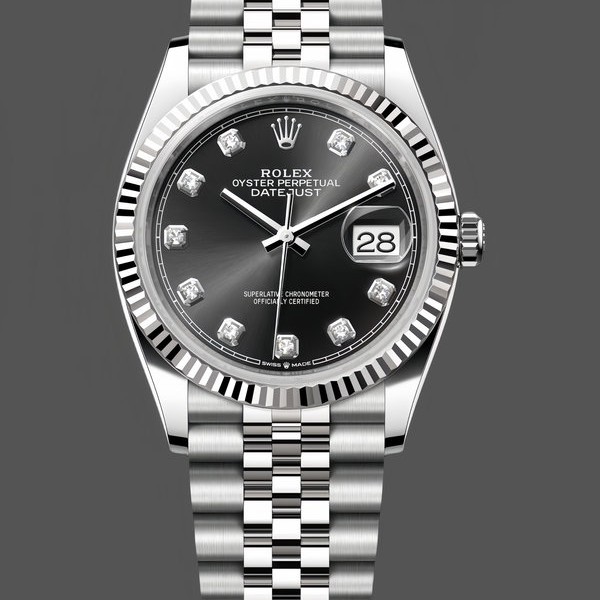 Replica Unisex's Rolex Datejust 36mm Unisex-126234 Geribbelde lunette-Zwarte Diamanten Wijzerplaat Zwart