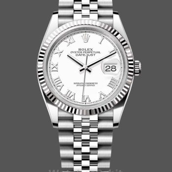Replica Rolex Datejust 36mm Unisex-126234 Geribbelde lunette-Witte Romeinse wijzerplaat Wit