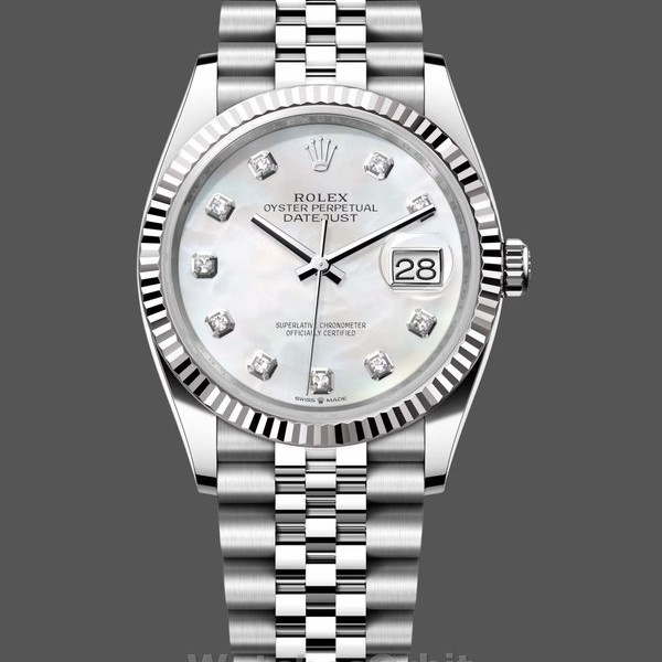 Replica Rolex Datejust 36mm Unisex-126234-Witte Parelmoer-Diamanten Wijzerplaat MOP