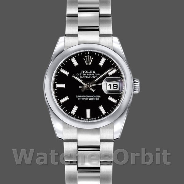 Replica Rolex Datejust 26mm Dames-179160-Zwarte Index Dial-Domed Bezel Zwart