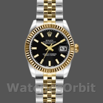 Replica Dames Rolex Datejust-179173, 26mm, zwarte index wijzerplaat, geribbelde lunette, Lady Black