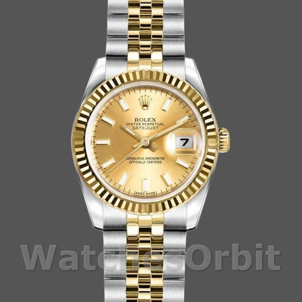 Replica Dames Rolex Datejust-179173, 26mm, Champagne Index Dial, Fluted Bezel, Lady Champagne