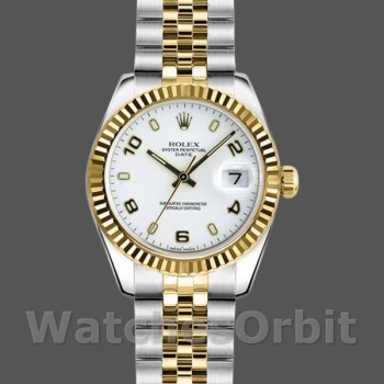 Replica Dames Rolex Datejust-179173, 26mm, Witte Arabische Cijfers Wijzerplaat, Geribbelde Ring, Dame Wit