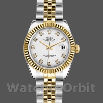 Replica Dames Rolex Datejust-179173, 26mm, Witte Diamanten Wijzerplaat, Geribbelde Ring, Dame Wit