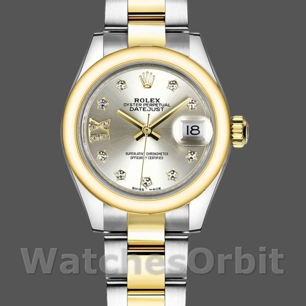 Replica Dames Rolex Datejust-279163, 28mm, Zilveren Diamanten Wijzerplaat, Domed Bezel, Dame Zilver