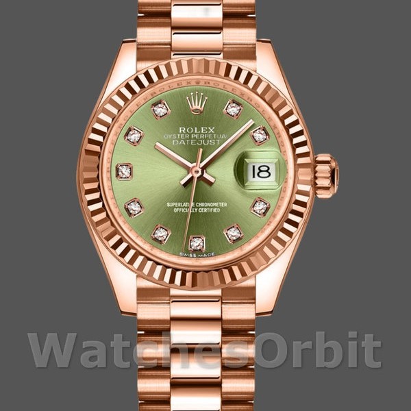 Replica Dames Rolex Datejust-279175, 28mm, Olijfgroen, Diamanten wijzerplaat, Geribbelde ring, Dame Olijfgroen