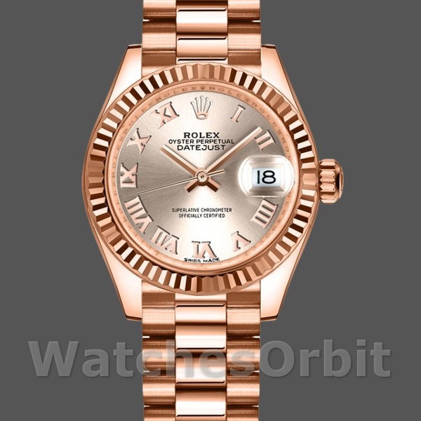Replica Dames Rolex Datejust-279175, 28mm, Sundust Romeinse cijfer wijzerplaat, geribbelde lunette, Lady Sundust