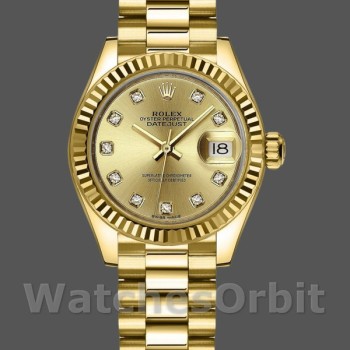 Replica Dames Rolex Datejust 279178-28mm, Champagne Wijzerplaat, Geribbelde Ring, Champagne Dame