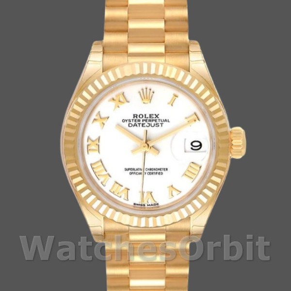 Replica Dames Rolex Datejust-279178, 28mm, Geelgoud, Romeinse wijzerplaat, geribbelde lunette, Lady White