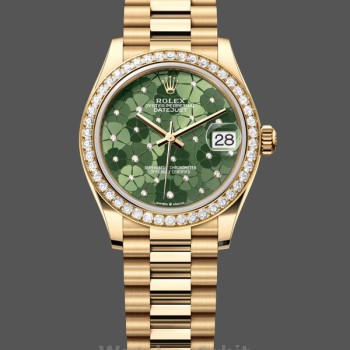 Replica Dames Rolex Datejust 31-M278288RBR 0038, Geelgoud, Olijfgroen, Bloemmotief, Diamanten lunette Groene Wijzerplaat