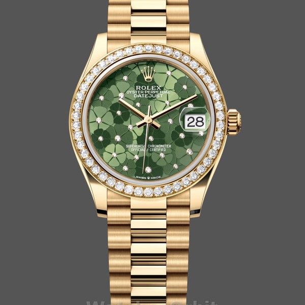 Replica Dames Rolex Datejust 31-M278288RBR 0038, Geelgoud, Olijfgroen, Bloemmotief, Diamanten lunette Groene Wijzerplaat