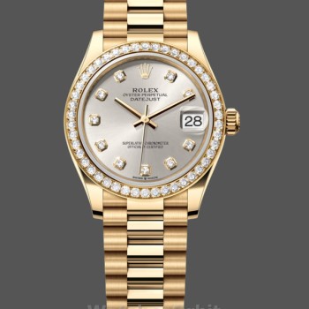 Replica Dames Rolex Datejust 31-M278288RBR 0028, Geelgoud, Zilveren Diamanten Wijzerplaat, Diamanten Bezel