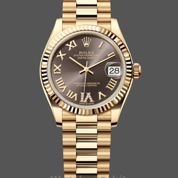 Replica Dames Rolex Datejust 31-M278278, Geelgoud, Donkergrijze Romeinse VI, President Donkergrijze Wijzerplaat