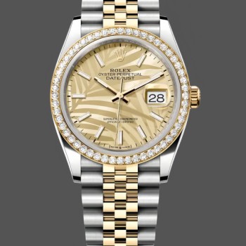 Replica Dames Rolex Datejust 36-126283RBR, Gouden Palm Motief, 0023 Wijzerplaat, Jubileum Armband Gouden Palm Motief Wijzerplaat