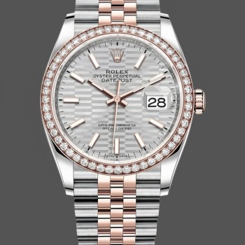 Replica Rolex Datejust 36MM Staal & Everose Gold Zilver Fluted-Motif Dial Diamant Bezel M126281RBR Grijze wijzerplaat