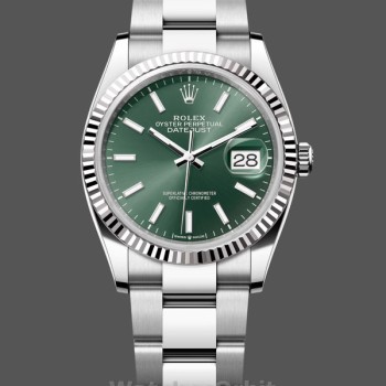 Replica Rolex Datejust 36-126234, witgoud, geribbelde lunette, unisex groene wijzerplaat