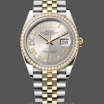 Replica Dames Rolex Datejust 36-m126283rbr 0017, Geel Goud & Diamanten, Zilver Diamant Pave Romeinse Wijzerplaat, Zilveren Wijzerplaat