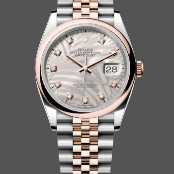 Replica Dames Rolex Datejust 36mm Zilveren Palm Motief Wijzerplaat Oyster Armband - 126201 0038 Zilveren Palm Motief Set Met Diamanten
