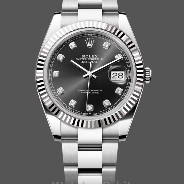 Replica Rolex Datejust 41mm Heren-m126334 0011-Geflutste lunette-Zwarte Diamanten Wijzerplaat Zwart
