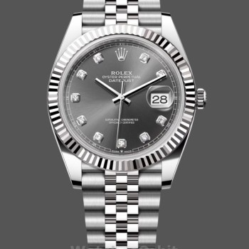 Replica Rolex Datejust 41-m126334 0006, Rhodium Diamond Dial, Fluted Bezel, Grijze wijzerplaat voor heren