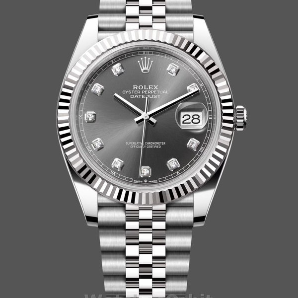 Replica Rolex Datejust 41-m126334 0006, Rhodium Diamond Dial, Fluted Bezel, Grijze wijzerplaat voor heren