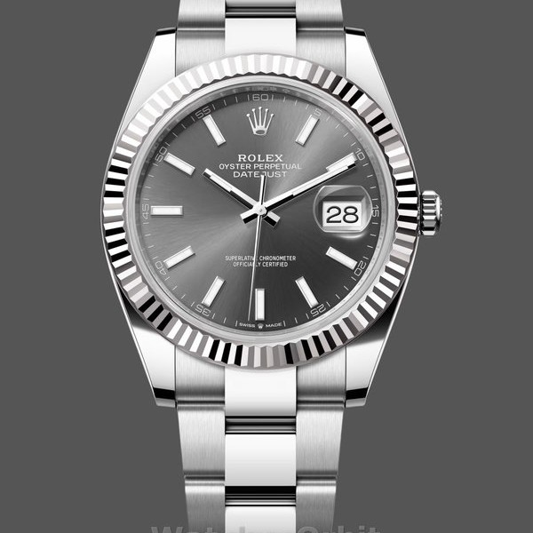 Replica Rolex Datejust 41-M126334, witgoud, geribbelde lunette, leisteen wijzerplaat, oester, grijze wijzerplaat voor heren