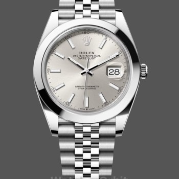 Replica Heren Rolex Datejust 41-m126300 0004, Oystersteel, Zilveren Stick Dial, Domed Bezel Zilveren Dial