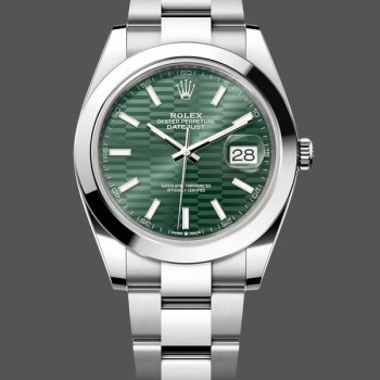 Replica Heren Rolex Datejust 41-126300 0021, Staal, Oysterband, Gladde lunette Groene Wijzerplaat