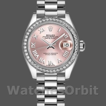 Replica Dames Rolex Datejust 28mm-279136RBR-Diamanten ring-Roze wijzerplaat-Romeinse cijfers Uurmarkeringen Roze