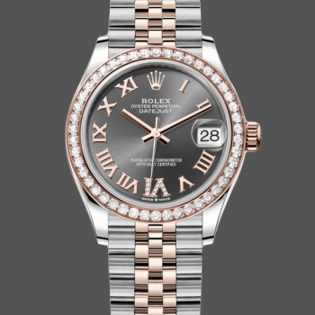 Replica Dames Rolex Datejust Lady 31-278381RBR, Rose Goud & Staal, Leisteen Romeinse Diamant VI Wijzerplaat, Diamant Bezel, Jubileum Armband