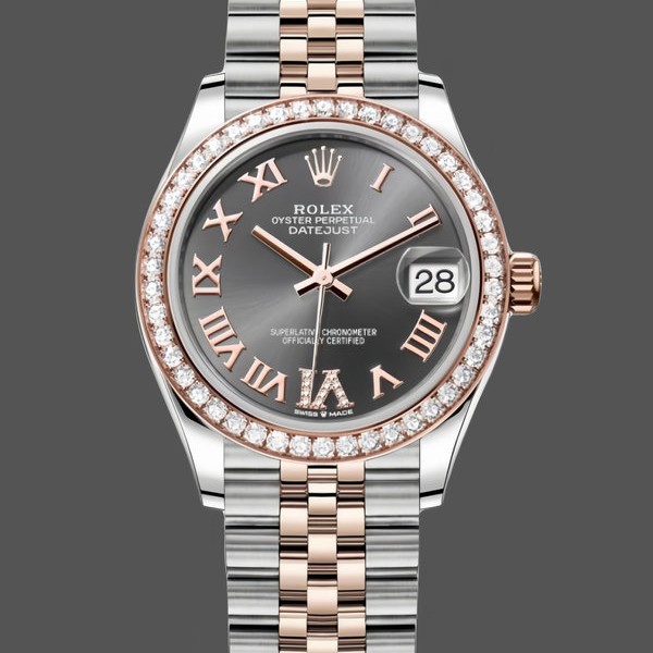 Replica Dames Rolex Datejust Lady 31-278381RBR, Rose Goud & Staal, Leisteen Romeinse Diamant VI Wijzerplaat, Diamant Bezel, Jubileum Armband