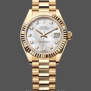 Replica Dames Rolex Datejust-m279178 0025, 28mm, Geelgoud, Parelmoer wijzerplaat, geribbelde lunette, Lady MOP
