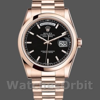 Replica Heren Rolex Day-Date 36mm Unisex-118205-Zwarte Wijzerplaat Zwart