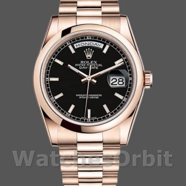 Replica Heren Rolex Day-Date 36mm Unisex-118205-Zwarte Wijzerplaat Zwart