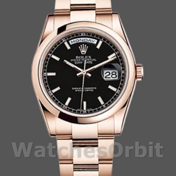 Replica Rolex Day-Date 36mm voor heren-118205-Zwarte wijzerplaat-Rose Gold Black