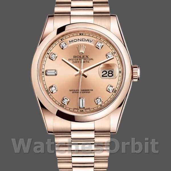 Replica Rolex Day-Date 36mm unisex-118205-Rose Gold-Champagne Diamond Dial Champagne