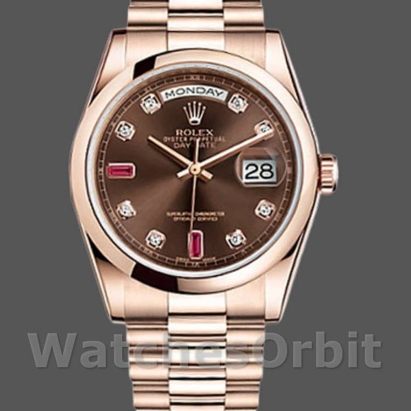 Replica Rolex Day-Date 36mm Unisex-118205-Rose Gold-Chocolate Brown Dial Chocolade