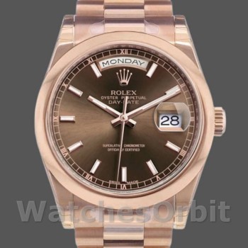 Replica Rolex Day-Date 36mm unisex-118205-Rose Gold-Chocolate Dial Chocolade