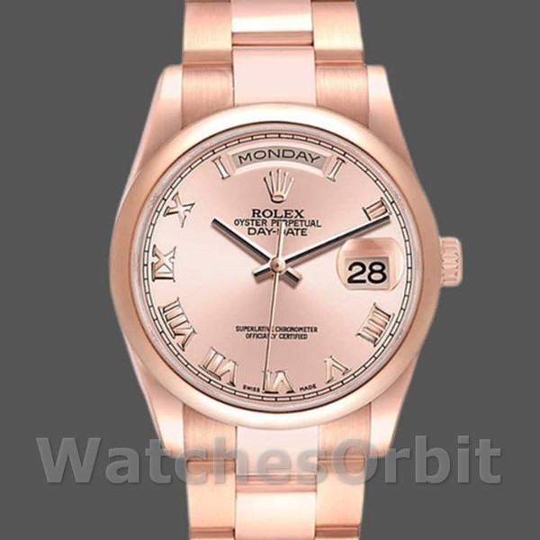 Replica Rolex Day-Date 36mm unisex-118205-Rose Gold-Pink Dial Roze