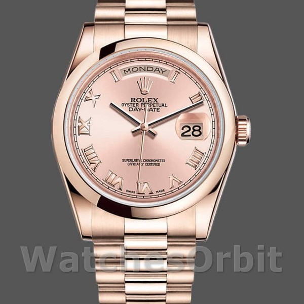 Replica Rolex Day-Date 36mm unisex-118205-Rose Gold-Pink Dial-Automatic Roze