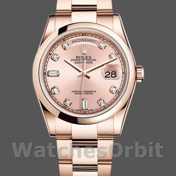 Replica Rolex Day-Date 36mm unisex-118205-Rose Gold-Pink Diamond Dial Roze