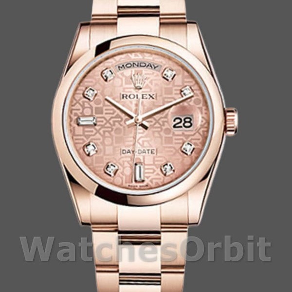 Replica Rolex Day-Date 36mm unisex-118205-Rose Gold-Pink Jubilee Diamond Dial Roze