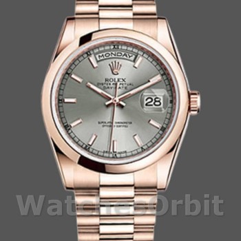 Replica Rolex Day-Date 36mm unisex-118205-Rose Gold-Rhodium Grey Dial Grijs