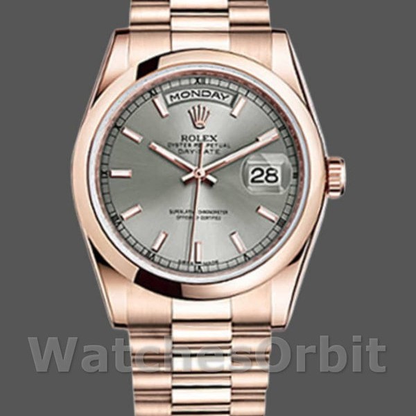 Replica Rolex Day-Date 36mm unisex-118205-Rose Gold-Rhodium Grey Dial Grijs